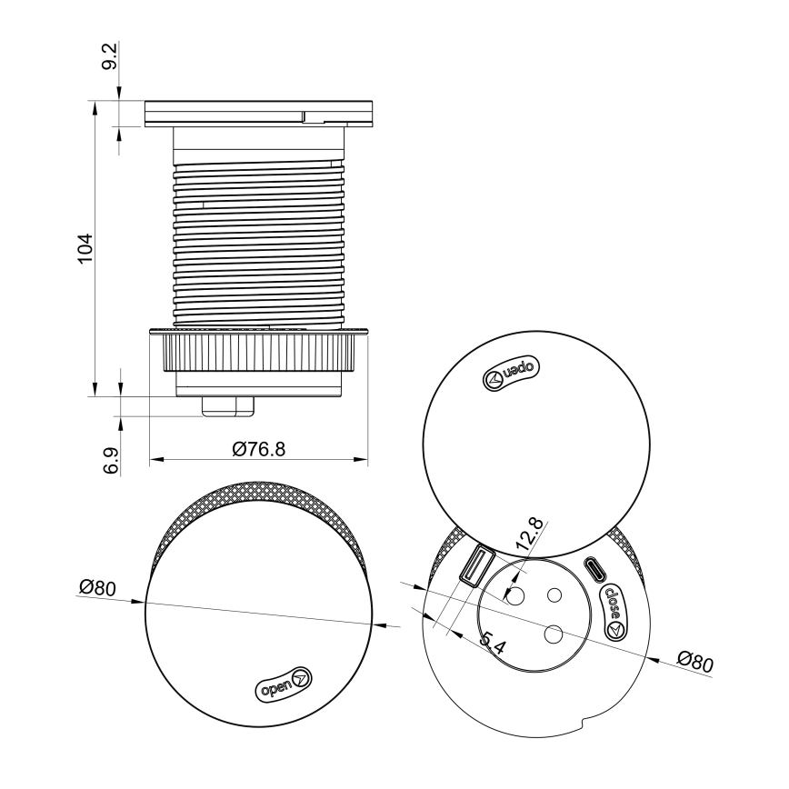 Beépíthető konnektor 10W vezeték nélküli töltéssel, 1 aljzat + USB A+C, fekete