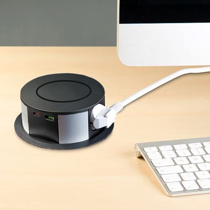 Fiókos oszlop asztallaphoz, Qi vezeték nélküli töltéssel, 3x230V + 1xUSB-A + 1xUSB-C, fekete/ezüst