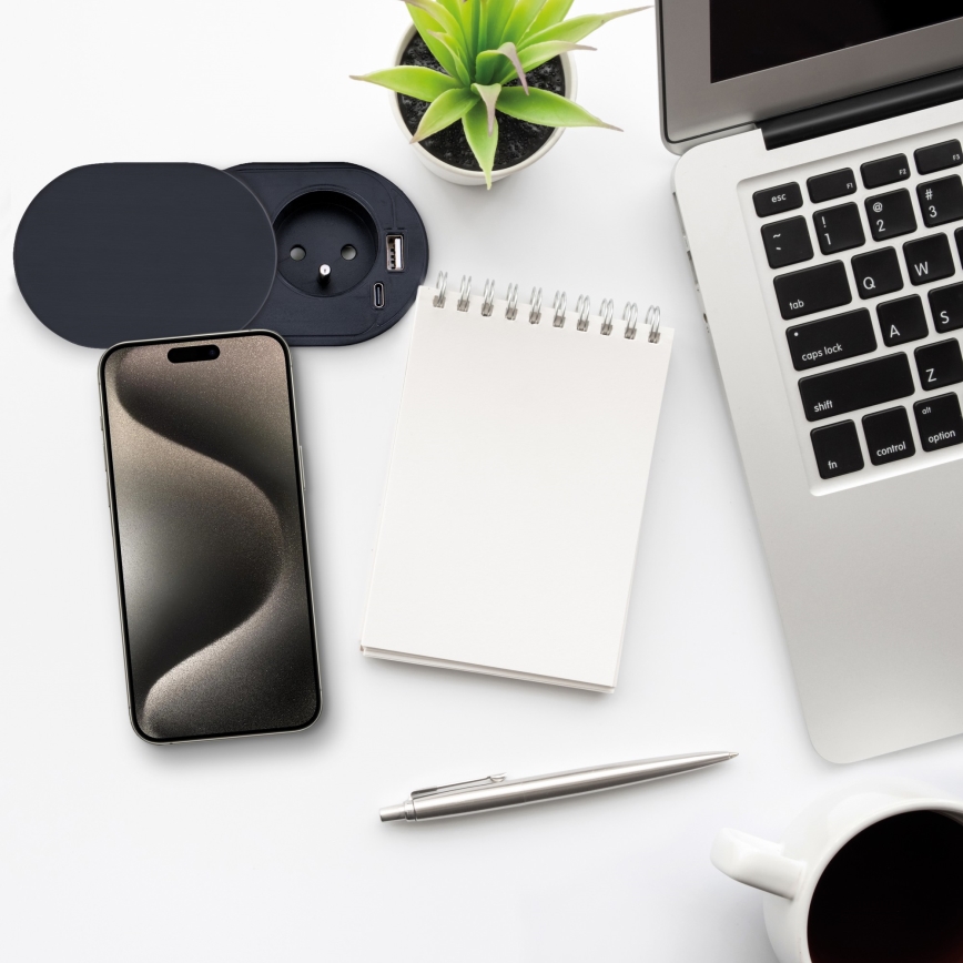 Beépíthető aljzat csúsztatható fedéllel, 20W, 1 aljzat + USB A+C, fekete