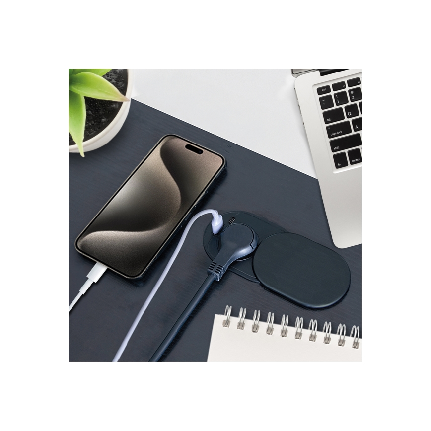 Beépíthető aljzat csúsztatható fedéllel, 20W, 1 aljzat + USB A+C, fekete