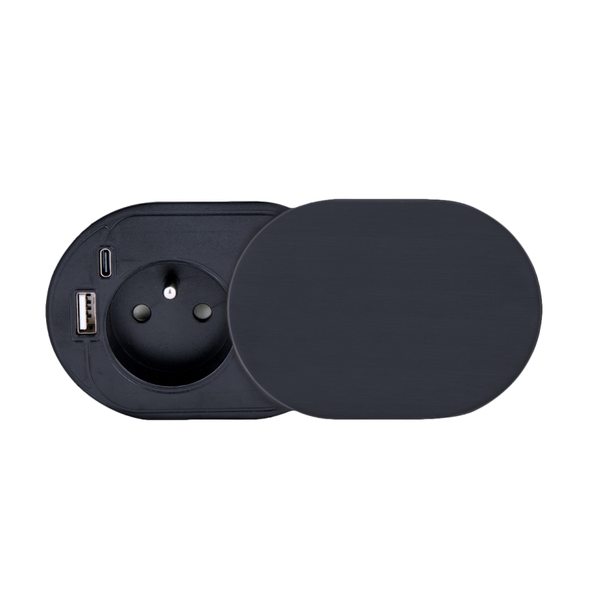 Beépíthető aljzat csúsztatható fedéllel, 20W, 1 aljzat + USB A+C, fekete