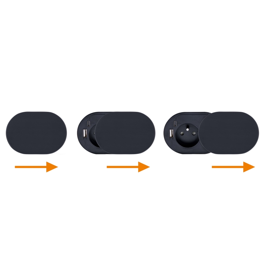 Beépíthető aljzat csúsztatható fedéllel, 20W, 1 aljzat + USB A+C, fekete