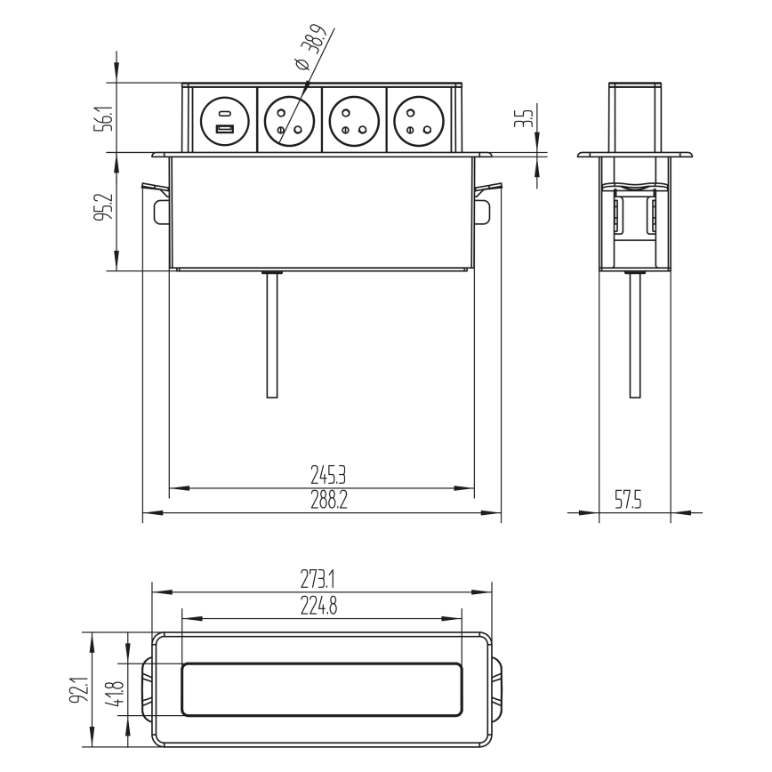 Asztallapra szerelhető konnektoroszlop 3x230V + USB-A + USB-C