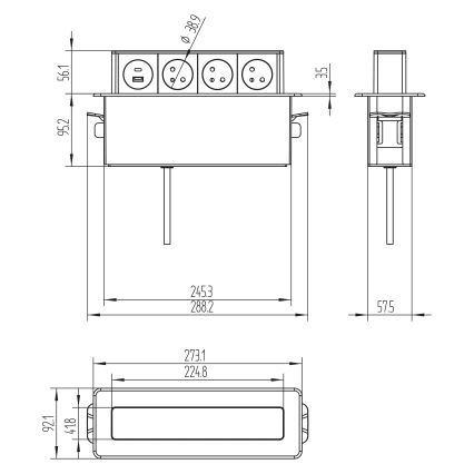 Aljzatoszlop asztalokhoz 3x230V + USB-A + USB-C