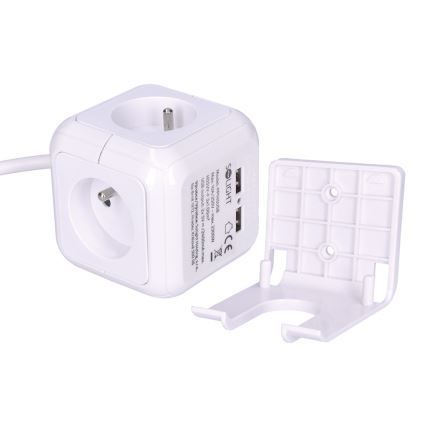 Hosszabbító - kocka, 4 konnektor 230V + 2x USB max. 2400mA, vezeték 2m