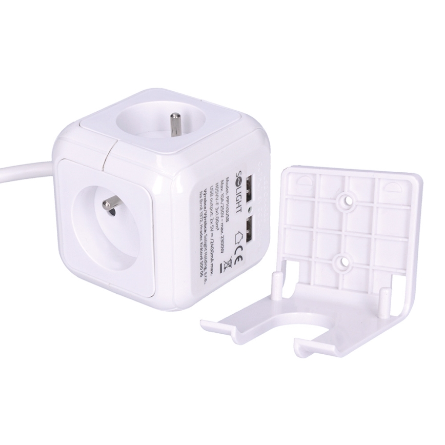 Hosszabbító - kocka, 4 konnektor 230V + 2x USB max. 2400mA, vezeték 2m