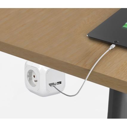 Hosszabbító - kocka, 4 konnektor 230V + 2x USB max. 2400mA, vezeték 2m