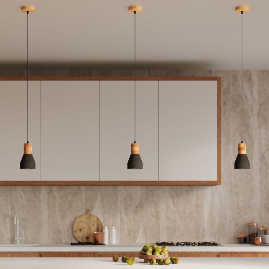 Csillár zsinóron QUBIC 1xE27/60W/230V beton/Nyírfa/bükkfa/fekete