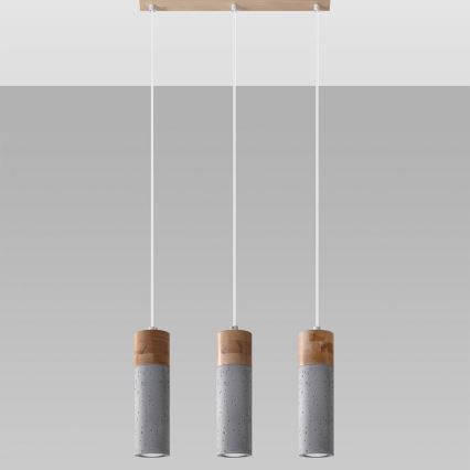 Csillár zsinóron ZANE 3xGU10/40W/230V beton/Nyírfa/bükkfa