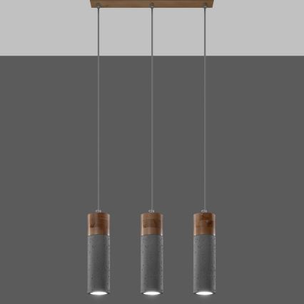 Csillár zsinóron ZANE 3xGU10/40W/230V beton/Nyírfa/bükkfa