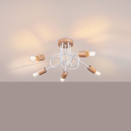 Felületre szerelhető csillár EMBER 5xE27/15W/230V fehér/bézs/bükkfa