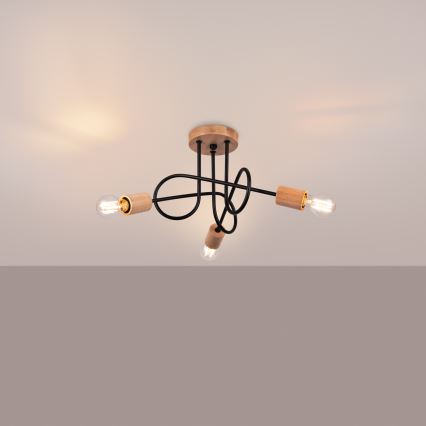 Felületre szerelhető csillár EMBER 3xE27/15W/230V fekete/bézs/bükkfa