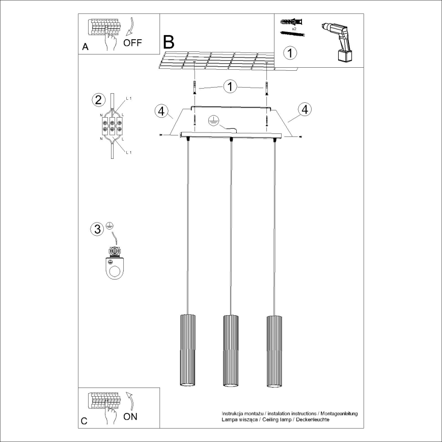 Csillár zsinóron KARBON 3xGU10/10W/230V fekete
