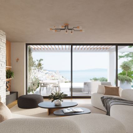 Felületre szerelhető csillár TIMBO 8xE27/15W/230V fekete/bézs/bükkfa