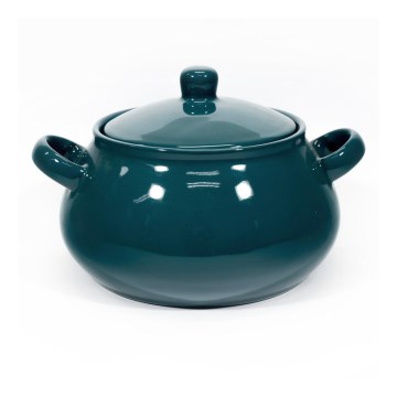 Sötétzöld kerámia leveses tál fedővel