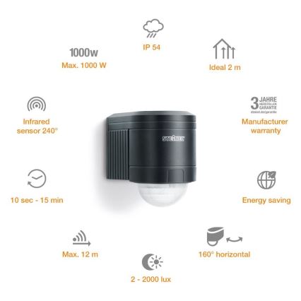 STEINEL 602710 - Kültéri infravörös fali szenzor IS240 antracit IP54