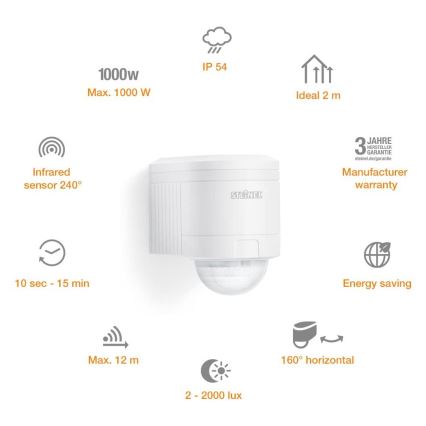 STEINEL 602819 - Kültéri infravörös fali érzékelő IS240 fehér IP54
