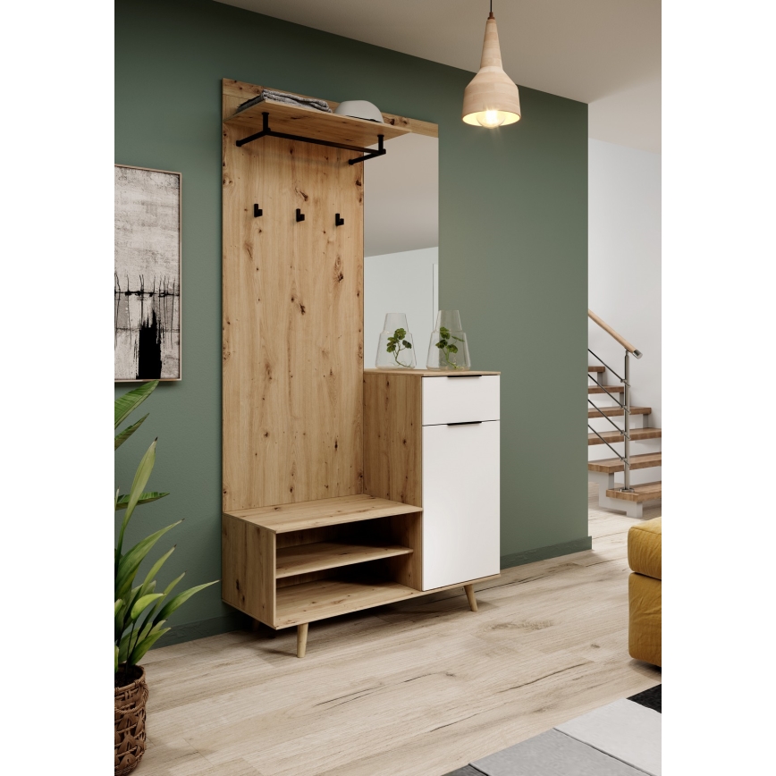 SVEN előszobafal tükörrel, barna/fehér