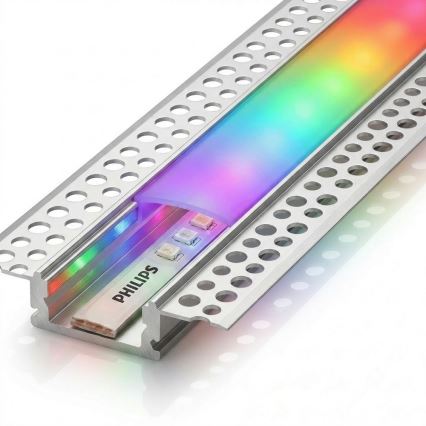 Szett 1x Philips Hue WHITE AND COLOR AMBIANCE LED RGBW dimmelhető szalag LED/20W/230V, 2 m + 2x süllyesztett profil, 1 m, ezüst/fehér