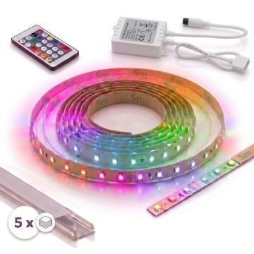 SZETT 1x LED RGBW dimmelhető szalag DIGITAL LED/16,5W/230V 5 m + 5x beépíthető profil 1 m ezüst/fehér + távirányító