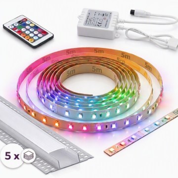 SZETT 1x LED RGBW dimmelhető szalag DIGITAL LED/16,5W/230V 5 m + 5x beépíthető profil 1 m ezüst/fehér + távirányító