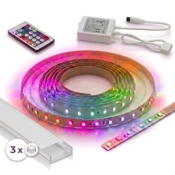 SZETT 1x LED RGBW fényerőszabályozható szalag DIGITAL LED/9,6W/230V 3 m + 3x beépíthető profil 1 m ezüst/fehér + távirányító