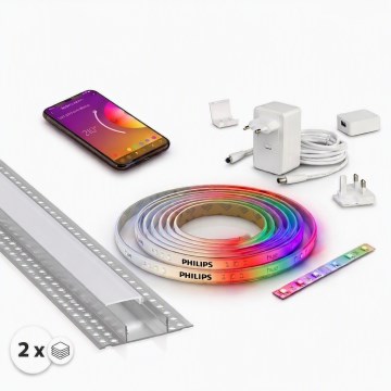 Szett 1x Philips Hue WHITE AND COLOR AMBIANCE fényerőszabályozható RGBW LED-szalag 20W/230V, 2 m + 2x beépíthető profil 1 m, ezüst/fehér