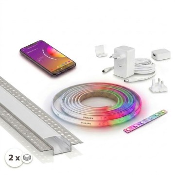 Szett 1x Philips Hue WHITE AND COLOR AMBIANCE LED RGBW dimmelhető szalag LED/20W/230V, 2 m + 2x süllyesztett profil, 1 m, ezüst/fehér