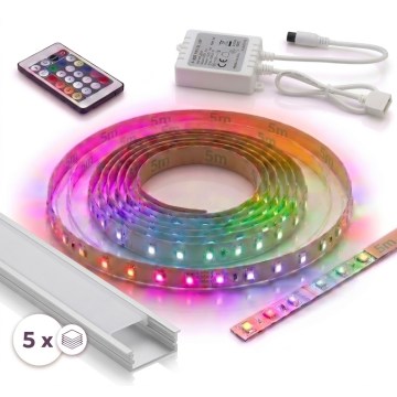 SZETT 1x RGBW, dimmelhető LED-szalag DIGITAL LED/16,5W/230V 5 m + 5x beépíthető profil 1 m, ezüst/fehér + távirányító