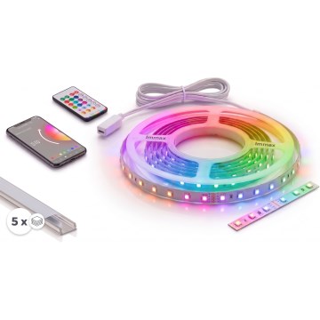 SZETT 1x RGBW dimmelhető LED szalag NEO LITE MUSIC LED/24W/230V 5 m IP65 Wi-Fi Tuya + 5x beépíthető profil 1 m ezüst/fehér + távirányító