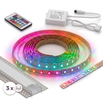 SZETT 1x RGBW LED fényerőszabályozható szalag DIGITÁLIS LED/9,6W/230V 3 m + 3x beépíthető profil 1 m ezüst/fehér + távirányító