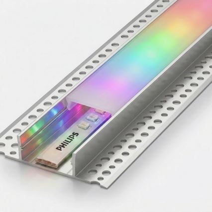Szett 1x Philips Hue WHITE AND COLOR AMBIANCE fényerőszabályozható RGBW LED-szalag 20W/230V, 2 m + 2x beépíthető profil 1 m, ezüst/fehér