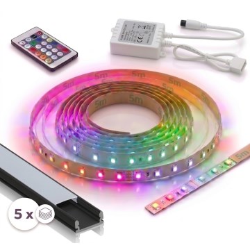SZETT: 1× RGBW dimmelhető LED szalag DIGITAL LED, 16,5 W/230 V, 5 m + 5× beépíthető profil 1 m (fekete/fehér) + távirányító