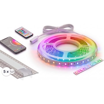 SZETT 1× RGBW dimmelhető LED szalag NEO LITE MUSIC LED/24W/230V 5 m IP65 Wi‑Fi Tuya + 5× beépíthető profil 1 m ezüst/fehér + távirányító