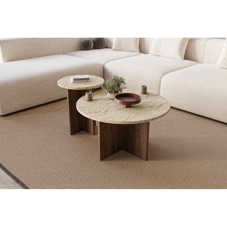 SZETT 2 db PURO dohányzóasztal, átm. 40/70 cm, dió/bézs