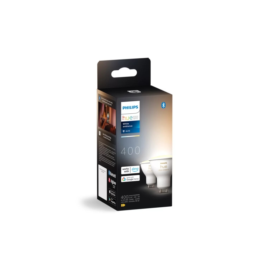 2 db-os Philips Hue WHITE AMBIANCE GU10 dimmelhető LED izzó 4,2W/230V 2200-6500K + fényerőszabályzó