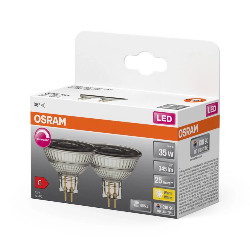 2 darabos szett LED dimmelhető MR16 reflektorizzó GU5,3/5W/12V 2700K 36° CRI 90 - Osram