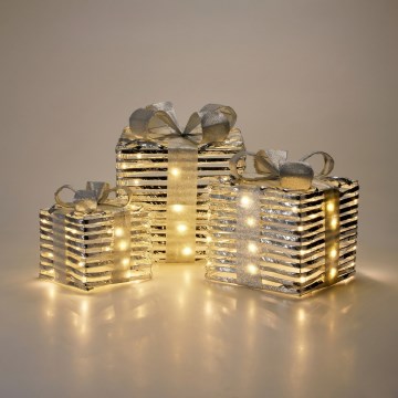 SZETT 3x LED karácsonyi dekoráció 20xLED/2xAA + 30xLED/3xAA + 40xLED/3xAA meleg fehér ajándékok/ezüst