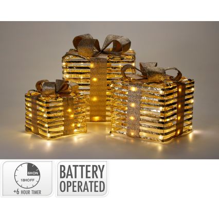 3 darabos LED karácsonyi dísz szett 20xLED/2xAA + 30xLED/3xAA + 40xLED/3xAA meleg fehér ajándékok/arany