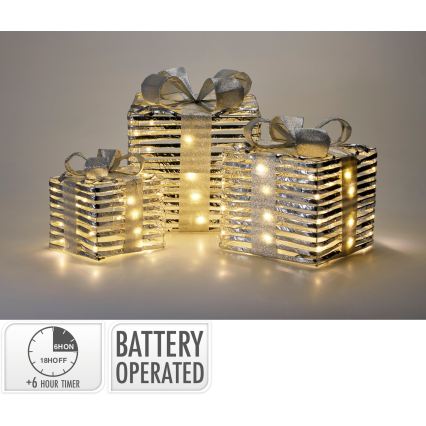 SZETT 3x LED karácsonyi dekoráció 20xLED/2xAA + 30xLED/3xAA + 40xLED/3xAA meleg fehér ajándékok/ezüst