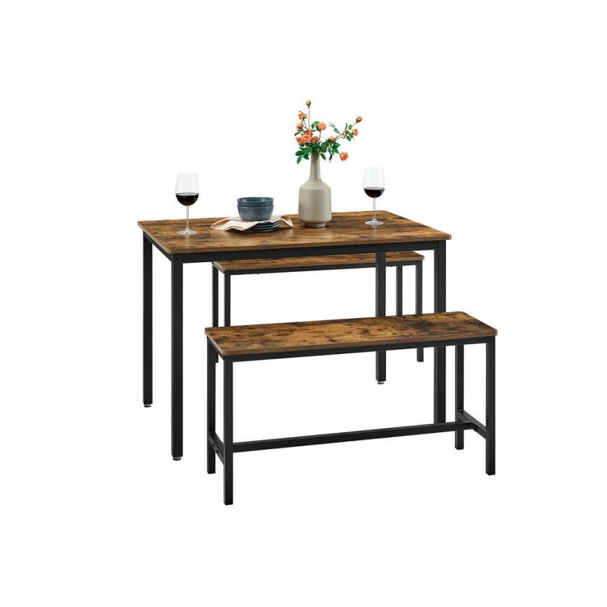 Szett TREVOR: bárasztal 110x70 cm + 2 db pad 97x30 cm, barna/fekete