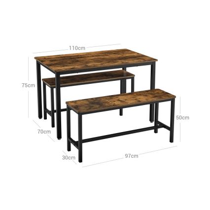 Szett TREVOR: bárasztal 110x70 cm + 2 db pad 97x30 cm, barna/fekete