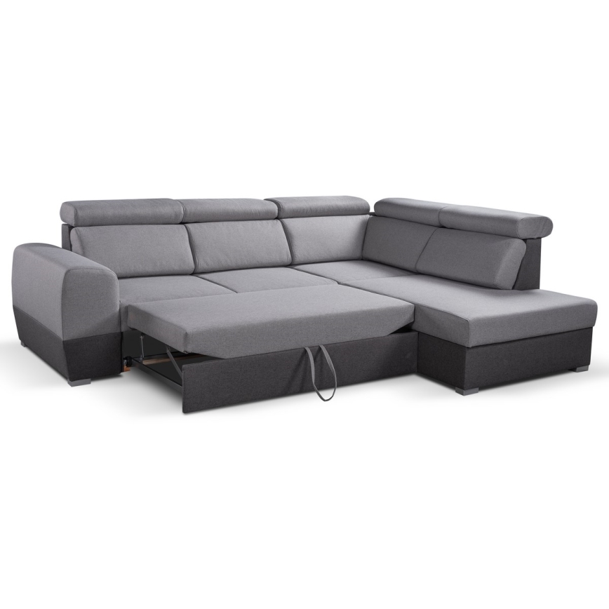 Szürke, jobbos, L-alakú, kihúzható sarokkanapé tárolóhellyel MATRIX