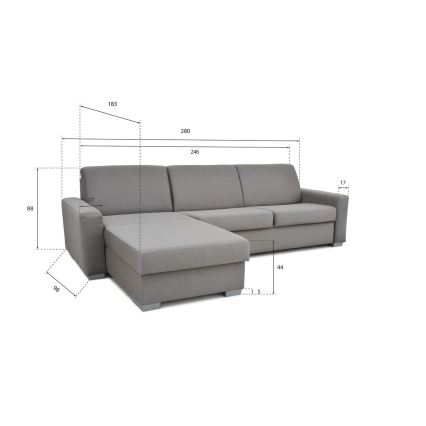 Ágyazható sarokkanapé mindennapi alváshoz, tárolóhellyel, balos kivitel, LEKA, szürke