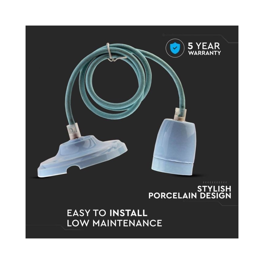 Tápkábel 1xE27/60W/230V kék/porcelán