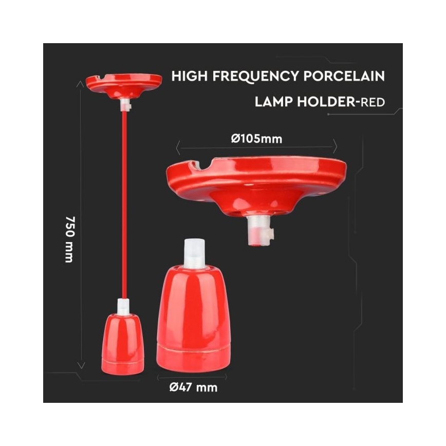 Tápkábel 1xE27/60W/230V piros/porcelán