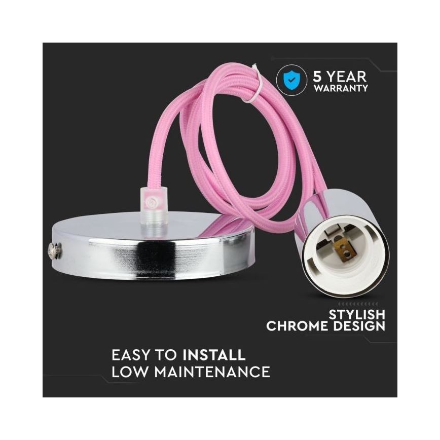 Tápkábel 1xE27/60W/230V világos rózsaszín/fényezett króm