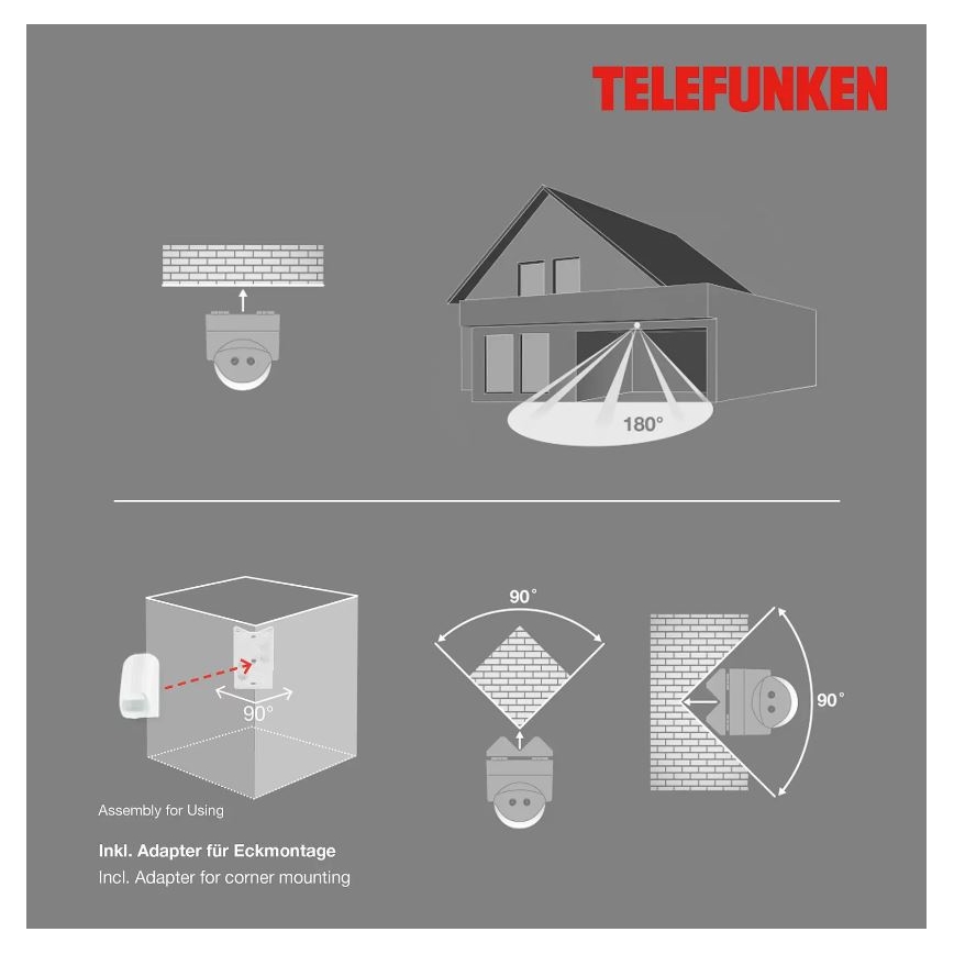 Telefunken 306506TF - Kültéri mozgásérzékelő 180° IP44 fehér
