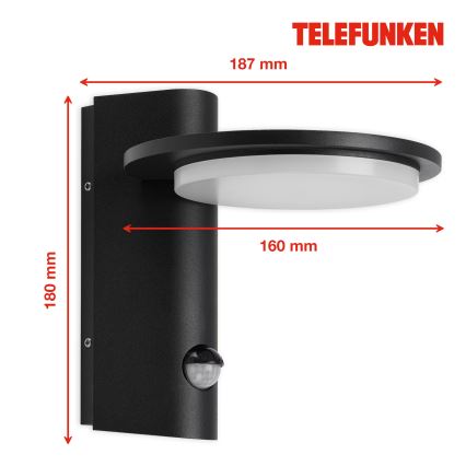 Telefunken 312505TF-LED Kültéri fali lámpa érzékelővel LED/10W/230V IP44 fekete