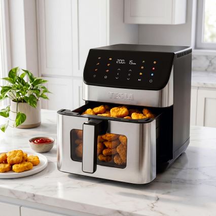 TESLA Electronics AirCook - 6,5 l forrólevegős fritőz 2100 W/230 V, matt króm/fekete